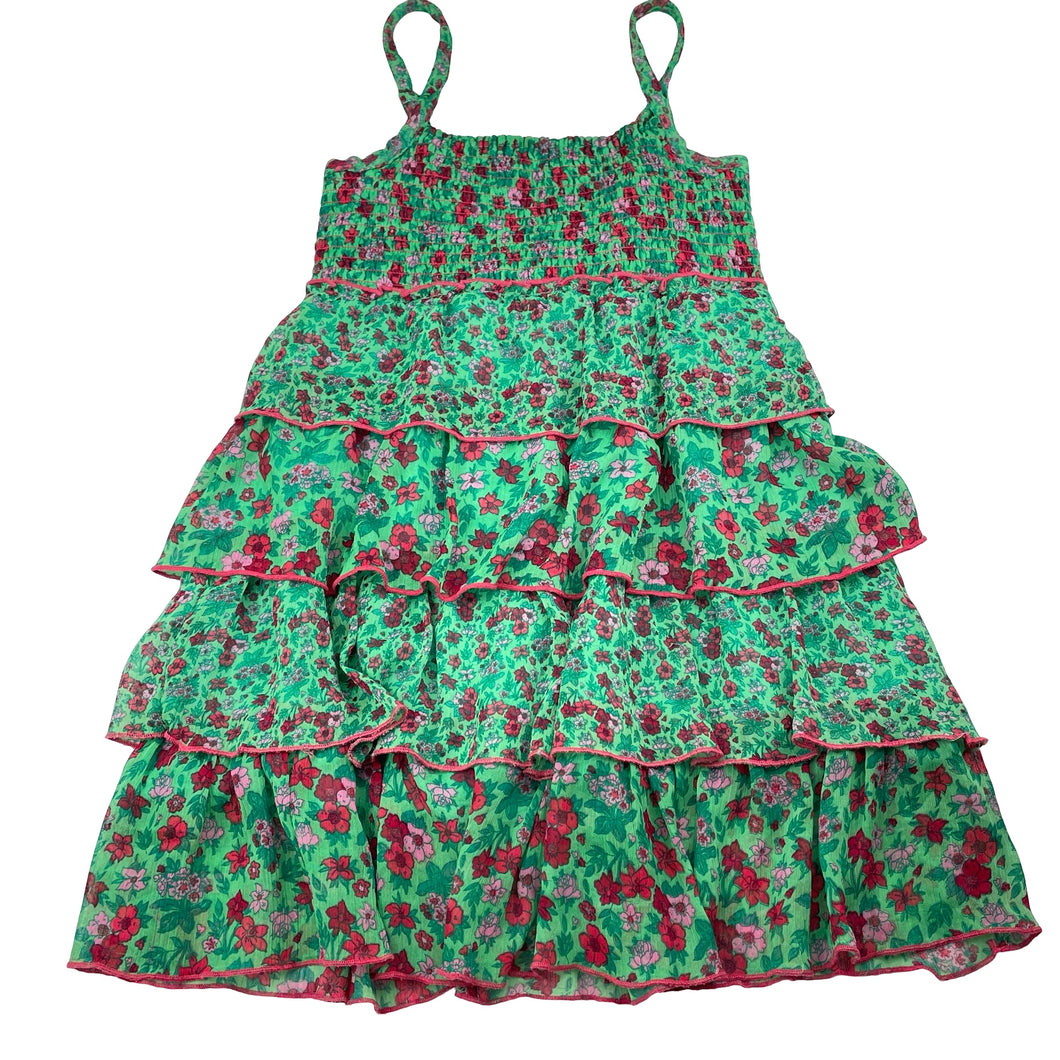 Girls cotton lined, tiered floral dress (no size), armpit to armpit: 31cm, FUC, size 7-8, L: 68cm