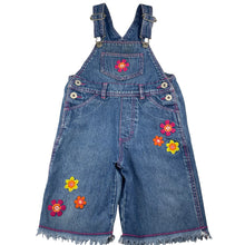 Load image into Gallery viewer, Girls Pumpkin Patch, vintage embroidered denim overalls / shortalls, discolouration on bib, FUC, size 3,  