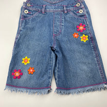 Load image into Gallery viewer, Girls Pumpkin Patch, vintage embroidered denim overalls / shortalls, discolouration on bib, FUC, size 3,  