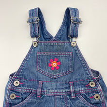 Load image into Gallery viewer, Girls Pumpkin Patch, vintage embroidered denim overalls / shortalls, discolouration on bib, FUC, size 3,  