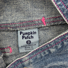 Load image into Gallery viewer, Girls Pumpkin Patch, vintage embroidered denim overalls / shortalls, discolouration on bib, FUC, size 3,  