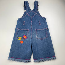 Load image into Gallery viewer, Girls Pumpkin Patch, vintage embroidered denim overalls / shortalls, discolouration on bib, FUC, size 3,  