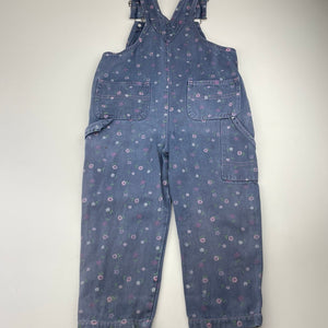 Girls GO1111, floral cotton overalls / dungarees, wash fade, wear on knees, FUC, size 3,  
