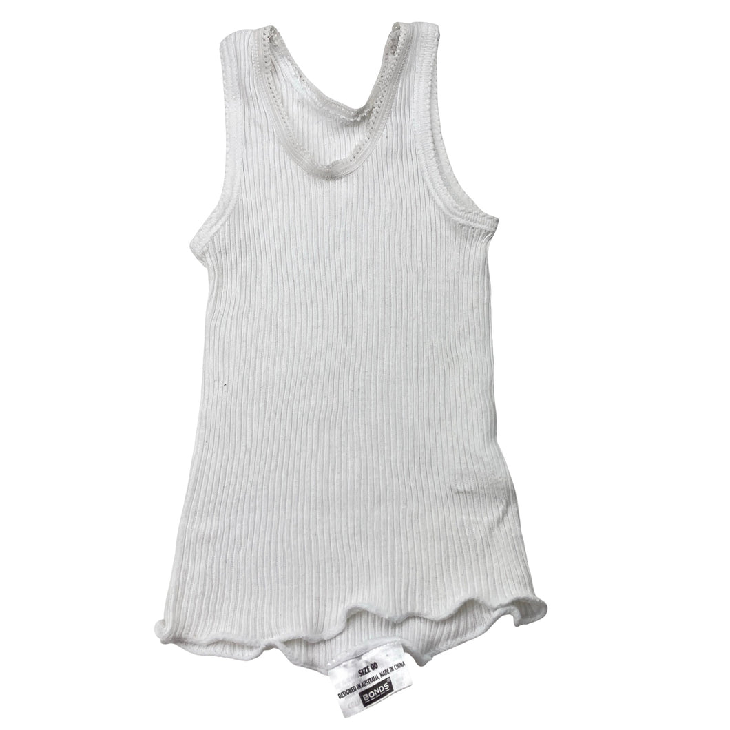 Unisex Bonds, white ribbed cotton singlet top, GUC, size 00,  