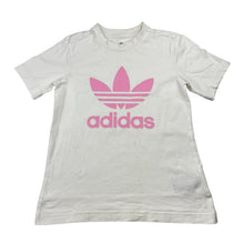 Load image into Gallery viewer, Girls Adidas, white cotton tee / top, pink mark on front, FUC, size 6-7,  