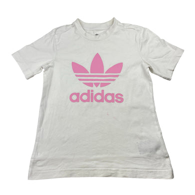 Girls Adidas, white cotton tee / top, pink mark on front, FUC, size 6-7,  