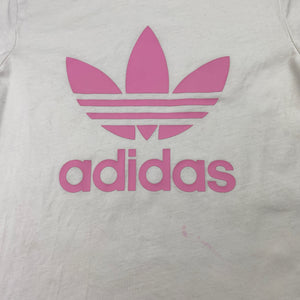 Girls Adidas, white cotton tee / top, pink mark on front, FUC, size 6-7,  