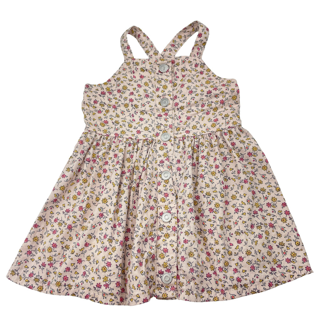 Girls Dymples, floral cotton overalls fress / pinafore, GUC, size 1, L: 43cm