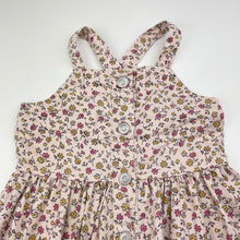 Load image into Gallery viewer, Girls Dymples, floral cotton overalls fress / pinafore, GUC, size 1, L: 43cm