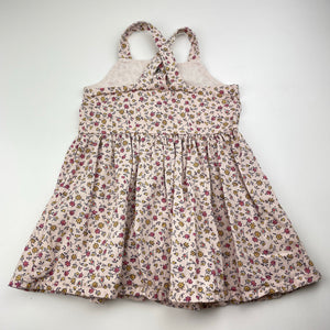 Girls Dymples, floral cotton overalls fress / pinafore, GUC, size 1, L: 43cm