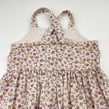 Load image into Gallery viewer, Girls Dymples, floral cotton overalls fress / pinafore, GUC, size 1, L: 43cm