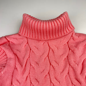 Girls pink, knitted sweater / jumper, (no size) armpit to armpit: 31cm, shoulder to cuff: 38cm, EUC, size 6,  