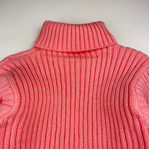 Girls pink, knitted sweater / jumper, (no size) armpit to armpit: 31cm, shoulder to cuff: 38cm, EUC, size 6,  