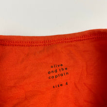 Load image into Gallery viewer, Girls Olive and the Captain, orange stretch cotton t-shirt dress, GUC, size 4, L: 47cm