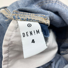 Load image into Gallery viewer, Girls Target, blue denim overalls dress / pinafore, EUC, size 4, L: 55cm