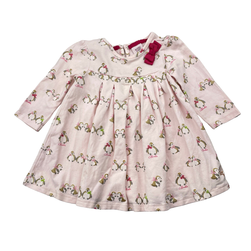 Girls BAKER BABY, stretch cotton long sleeve dress, penguins, FUC, size 0, L: 35cm