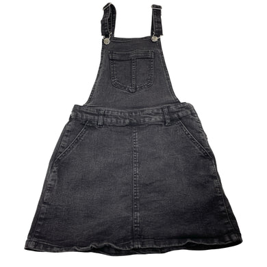 Girls Target, black stretch denim overalls dress / pinafore, GUC, size 7, L: 63cm