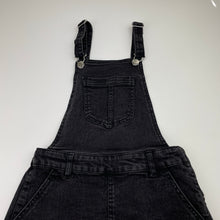 Load image into Gallery viewer, Girls Target, black stretch denim overalls dress / pinafore, GUC, size 7, L: 63cm