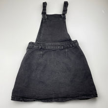 Load image into Gallery viewer, Girls Target, black stretch denim overalls dress / pinafore, GUC, size 7, L: 63cm