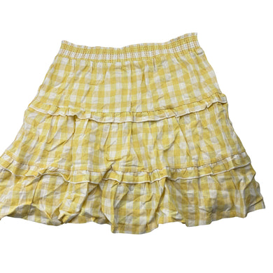 Girls KID, yellow check linen / viscose skirt, elasticated, L:38cm, EUC, size 12,  