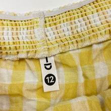 Load image into Gallery viewer, Girls KID, yellow check linen / viscose skirt, elasticated, L:38cm, EUC, size 12,  