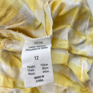 Girls KID, yellow check linen / viscose skirt, elasticated, L:38cm, EUC, size 12,  