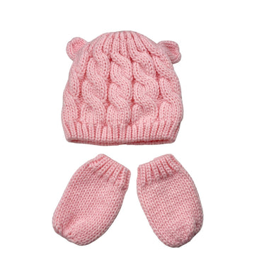 Girls pink, cable knit hat / beanie plus mittens, EUC, size 0-1,  