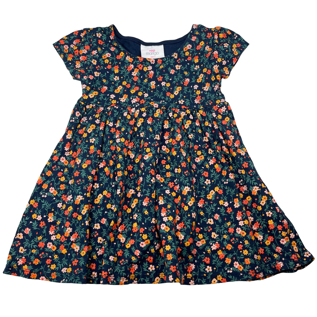 Girls Mango, navy floral cotton dress, EUC, size 3, L: 48cm
