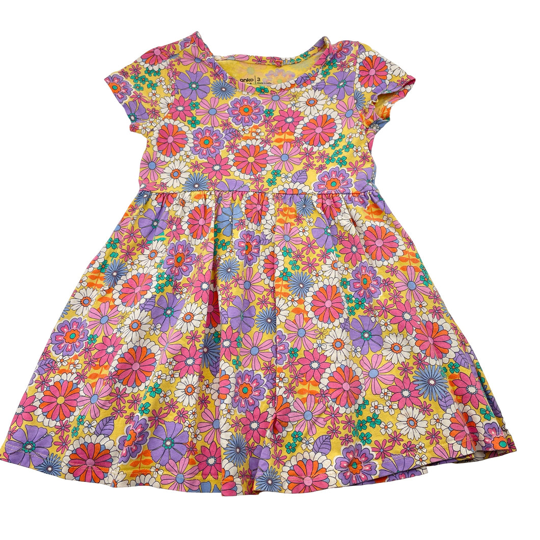 Girls Anko, colourful floral cotton dfress, GUC, size 3, L: 49cm
