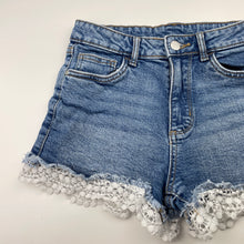 Load image into Gallery viewer, Girls 1964 Denim Co, lace trim stretch denim shorts, waist: 31.5cm across, GUC, size 12,  