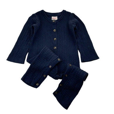 Unisex Sprout, navy cotton cable knit romper, GUC, size 00,  