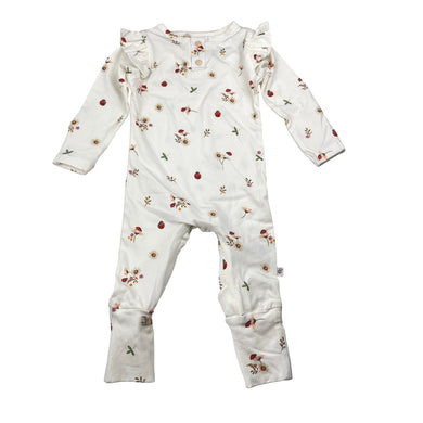 Girls Snuggle Hunny, stretchy organic cotton floral ruffle romper, EUC, size 000,  