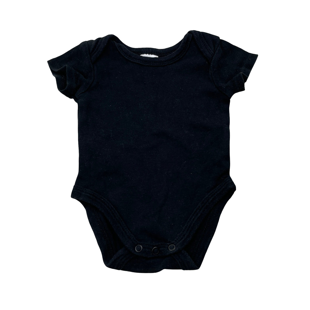 Unisex Baby Berry, black cotton bodysuit / romper, GUC, size 000,  