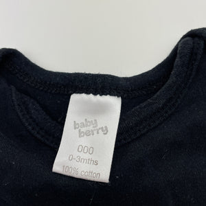 Unisex Baby Berry, black cotton bodysuit / romper, GUC, size 000,  