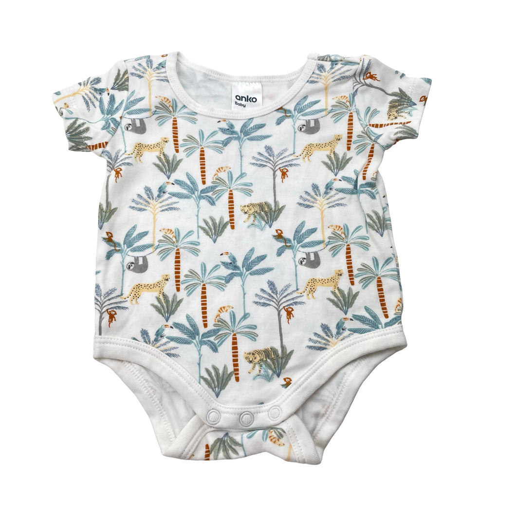Unisex Anko, cotton bodysuit / romper, jungle animals, EUC, size 000,  