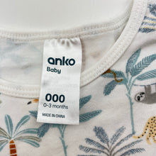 Load image into Gallery viewer, Unisex Anko, cotton bodysuit / romper, jungle animals, EUC, size 000,  