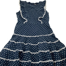 Load image into Gallery viewer, Girls Bardot Junior, lined navy cotton/flax dress, lace trim, EUC, size 10, L: 73cm