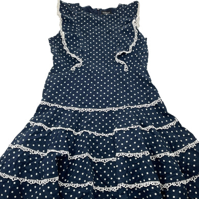 Girls Bardot Junior, lined navy cotton/flax dress, lace trim, EUC, size 10, L: 73cm