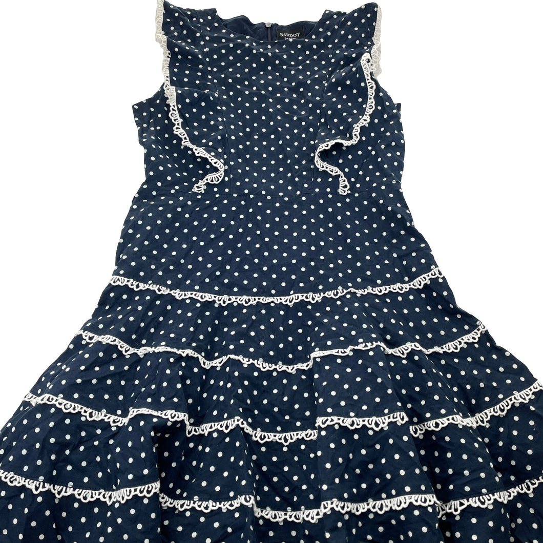 Girls Bardot Junior, lined navy cotton/flax dress, lace trim, EUC, size 10, L: 73cm