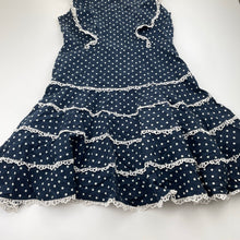 Load image into Gallery viewer, Girls Bardot Junior, lined navy cotton/flax dress, lace trim, EUC, size 10, L: 73cm