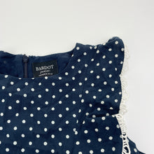 Load image into Gallery viewer, Girls Bardot Junior, lined navy cotton/flax dress, lace trim, EUC, size 10, L: 73cm