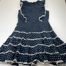 Load image into Gallery viewer, Girls Bardot Junior, lined navy cotton/flax dress, lace trim, EUC, size 10, L: 73cm