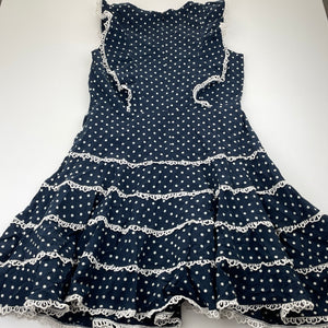 Girls Bardot Junior, lined navy cotton/flax dress, lace trim, EUC, size 10, L: 73cm