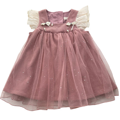 Girls lined, pink corduroy & tulle party dress, armpit to armpit: 29cm, GUC, size 3-4, L: 45cm