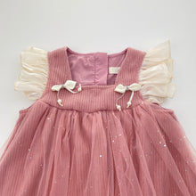 Load image into Gallery viewer, Girls lined, pink corduroy &amp; tulle party dress, armpit to armpit: 29cm, GUC, size 3-4, L: 45cm