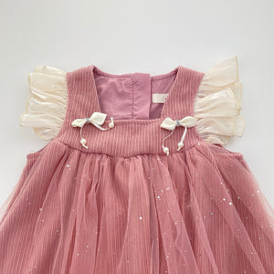 Girls lined, pink corduroy & tulle party dress, armpit to armpit: 29cm, GUC, size 3-4, L: 45cm