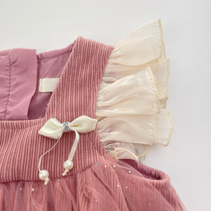 Girls lined, pink corduroy & tulle party dress, armpit to armpit: 29cm, GUC, size 3-4, L: 45cm