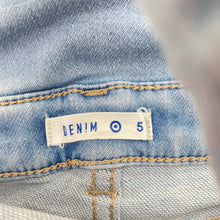 Load image into Gallery viewer, Girls Target, stretch denim overalls / shortalls (green mark back strap), FUC, size 5,  