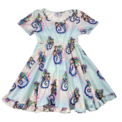 Girls Cheeky Chickadee, soft-feel elastic waist dress, koala seahorse (light marks), FUC, size 5, L: 58cm