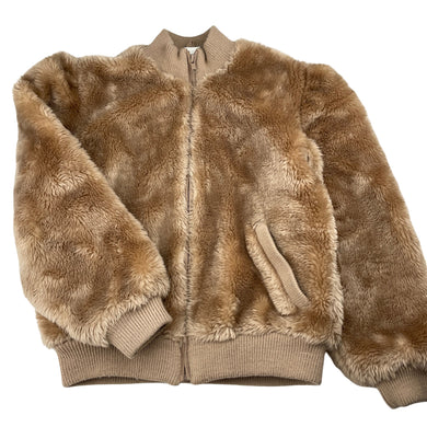 Girls lined, faux fur jacket (no labels), armpit to armpit: 41cm, shoulder to cuff: 52cm, GUC, size 10-12,  
